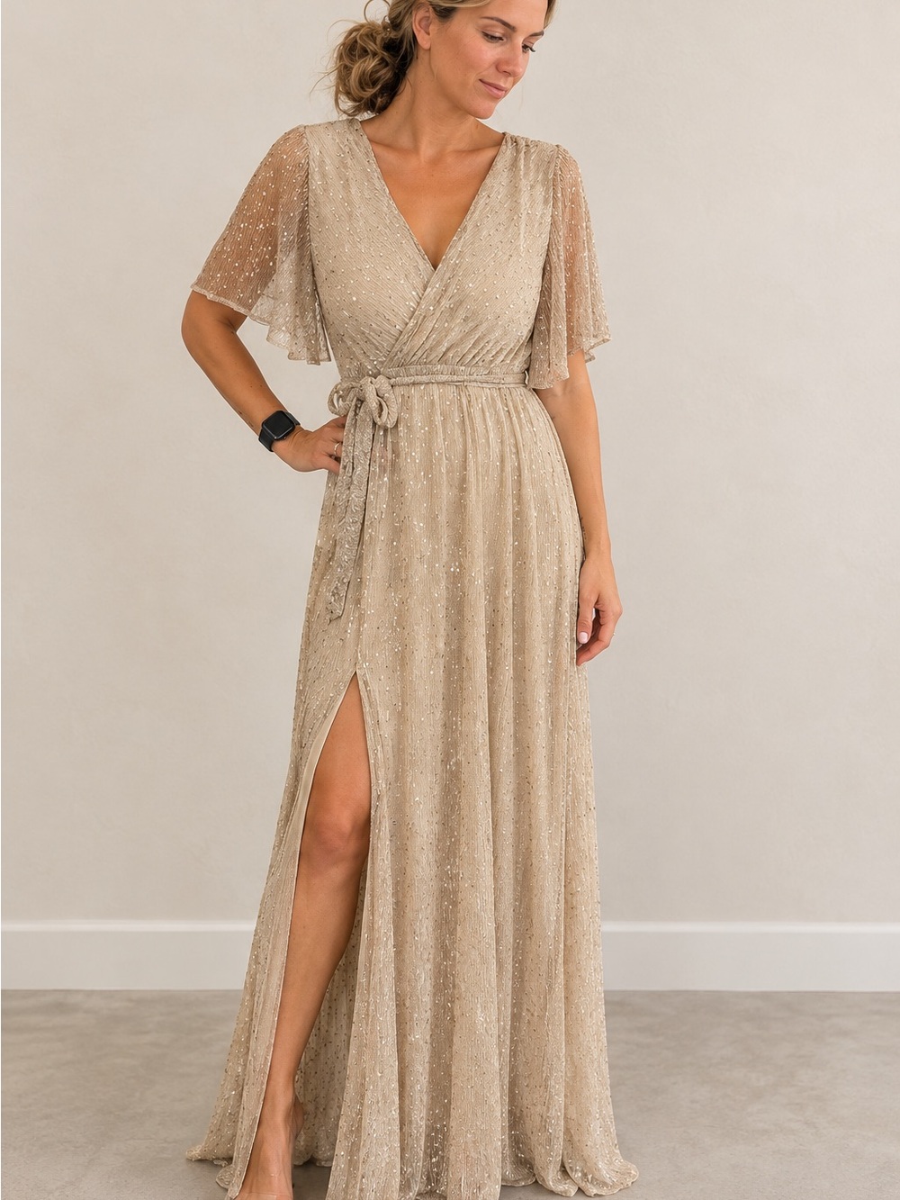 Baltic Born Champagne Glitter Wrap Maxi Dress